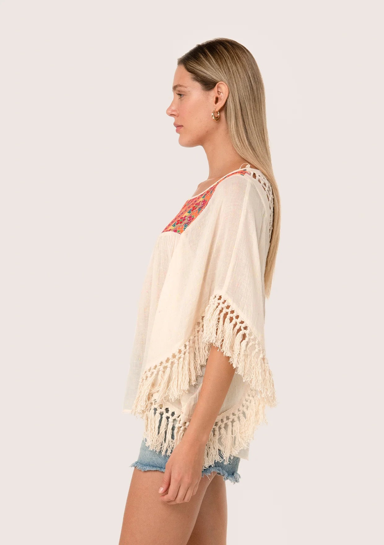 Embroidered Fringe Kimono Sleeve Poncho