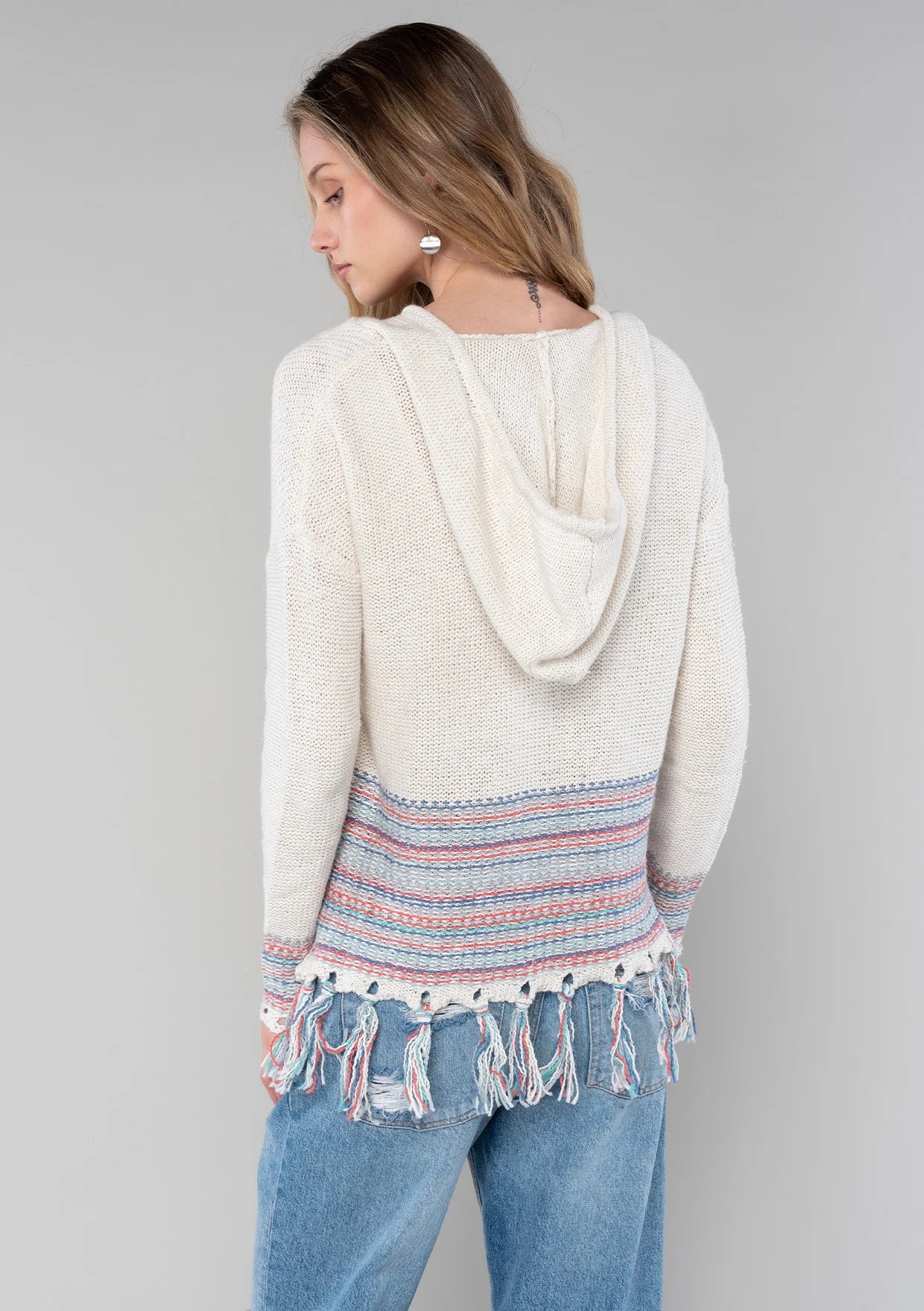 Lovestitch Hooded Color Accent Tassel Hem Sweater