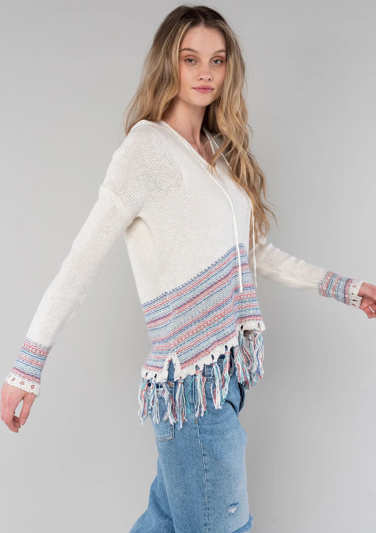 Lovestitch Hooded Color Accent Tassel Hem Sweater
