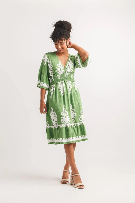 Boho printed V neck Dress with Pockets