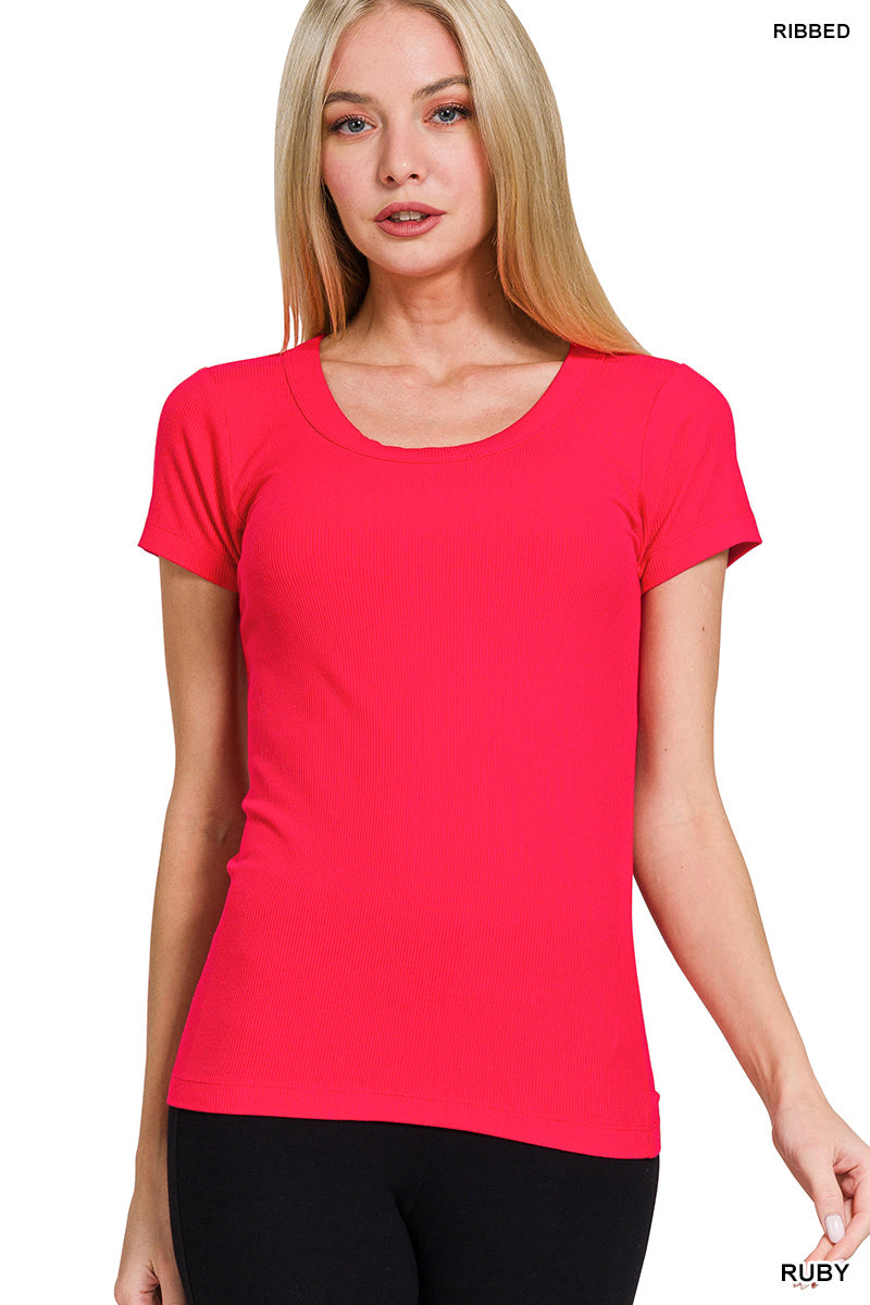 Ribbed Round Neck Short Sleeve T-Shirt