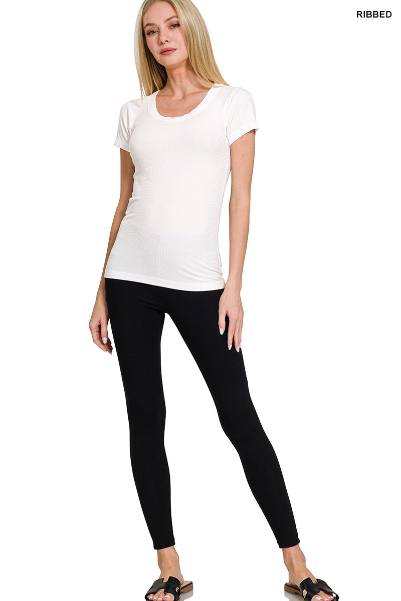 Ribbed Round Neck Short Sleeve T-Shirt