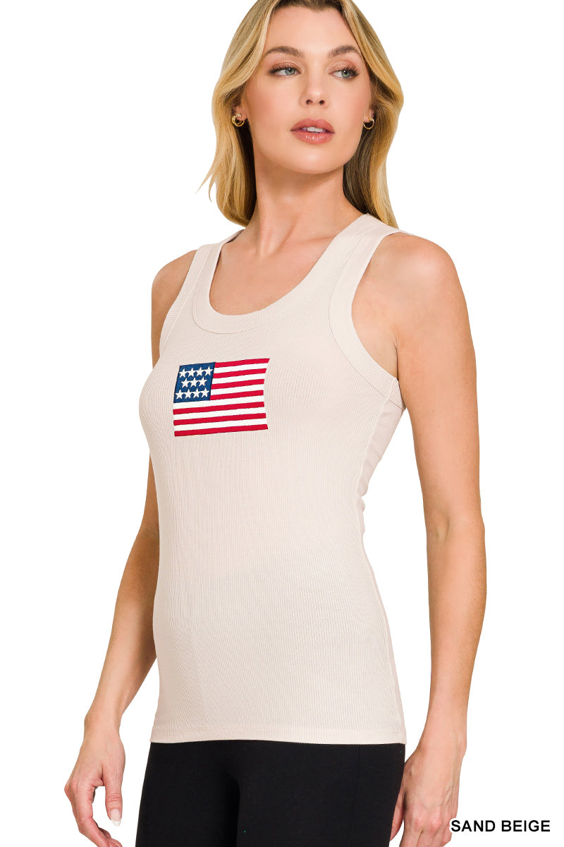 Ribbed American flag patch scoop neck tank top