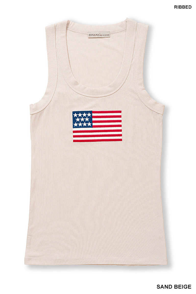 Ribbed American flag patch scoop neck tank top