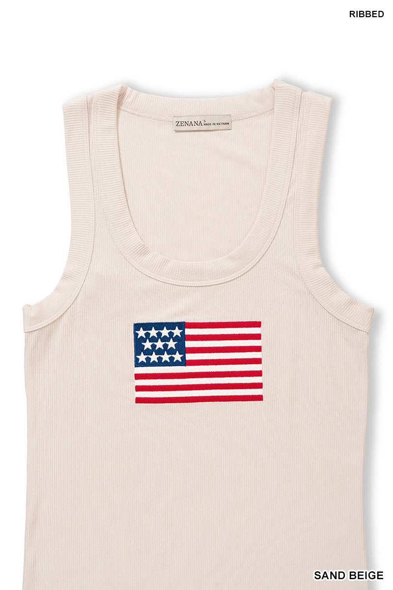 Ribbed American flag patch scoop neck tank top