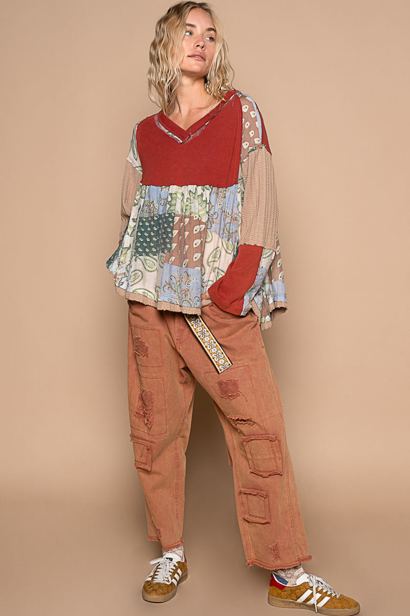 Red Patchwork V-Neck Full Sleeve Top