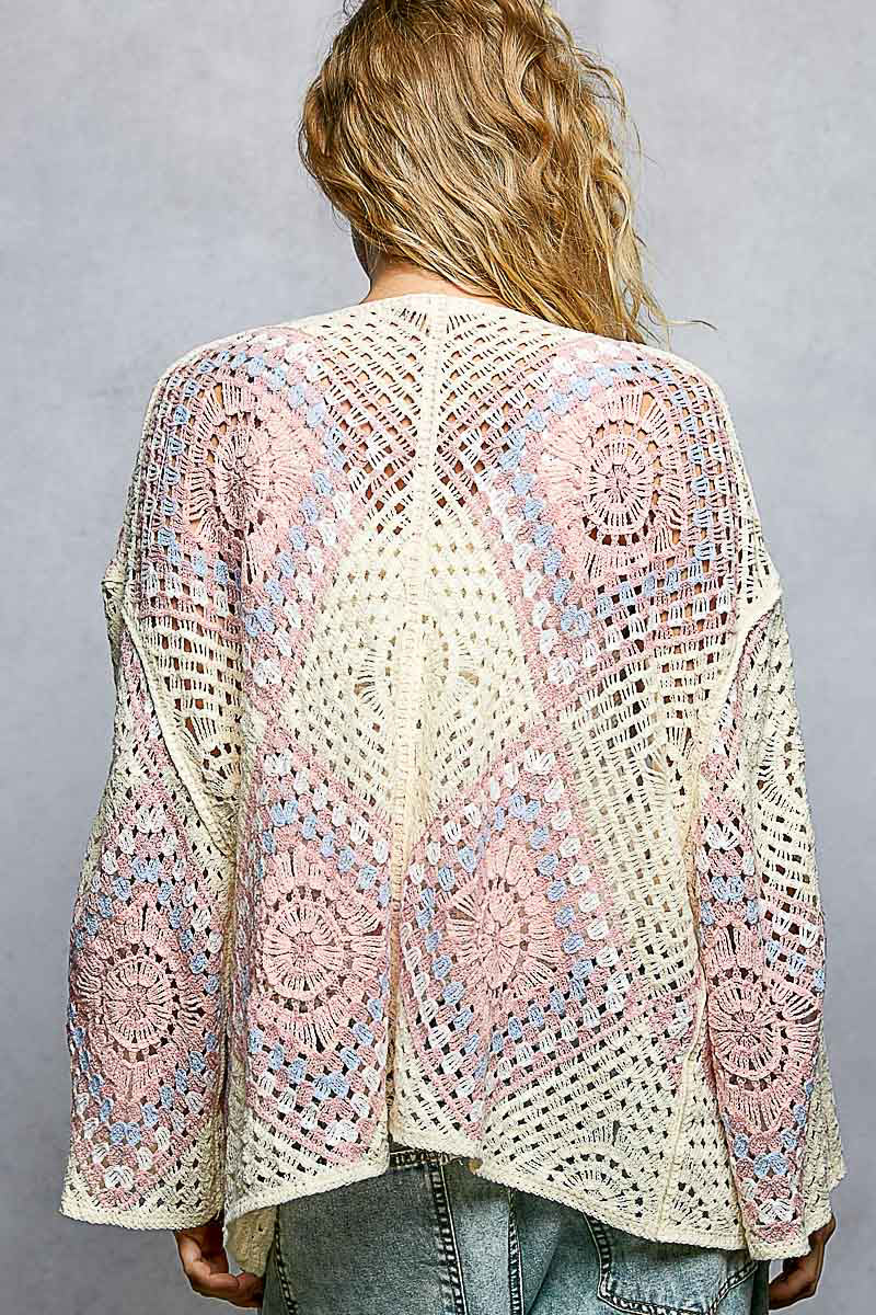 Crochet Cardigan Ivory and Pink