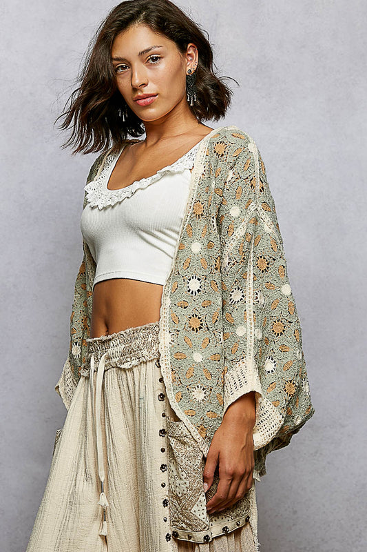 Soft Sage and Cream Crochet Kimono Cardigan