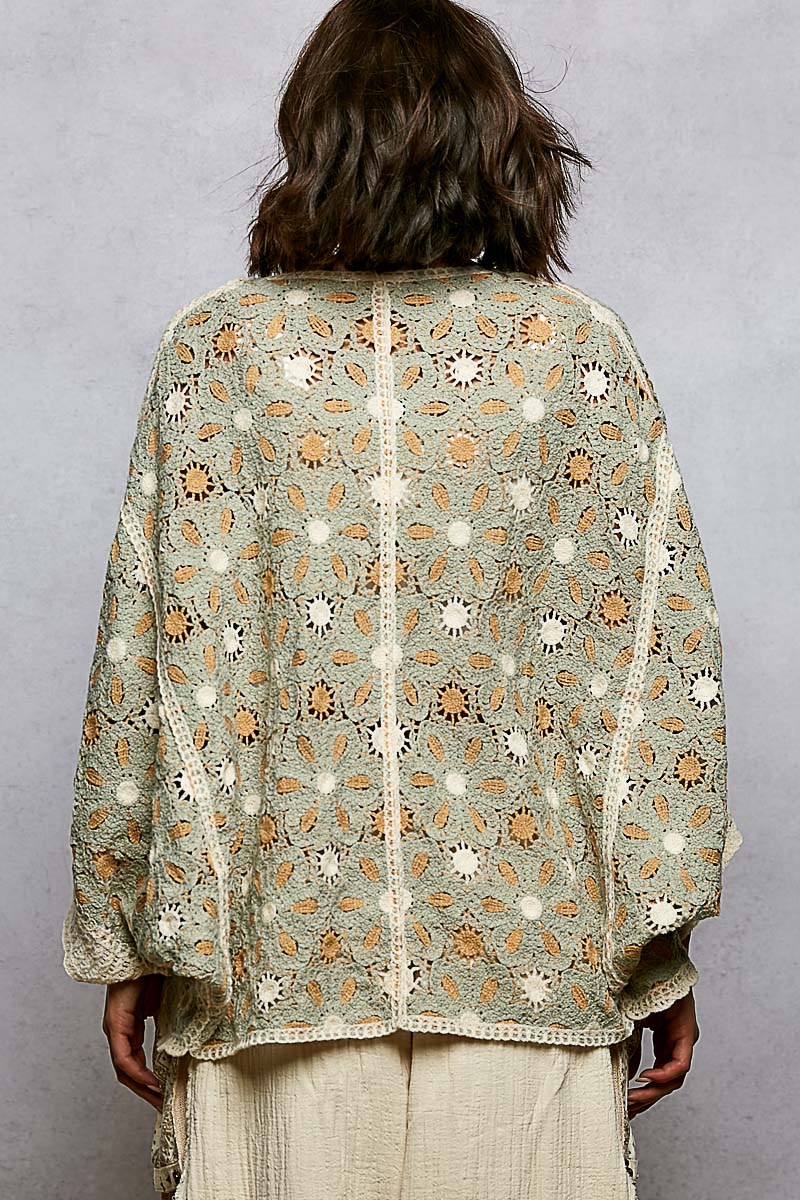 Soft Sage and Cream Crochet Kimono Cardigan