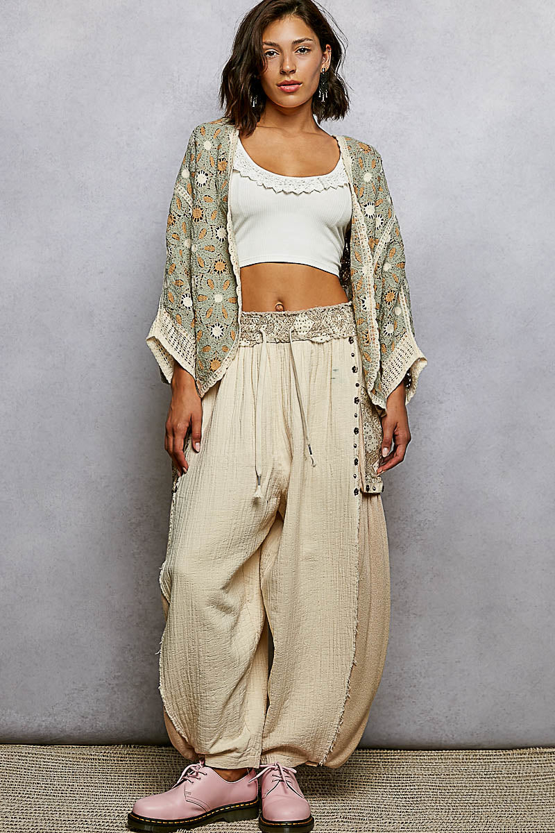 Soft Sage and Cream Crochet Kimono Cardigan