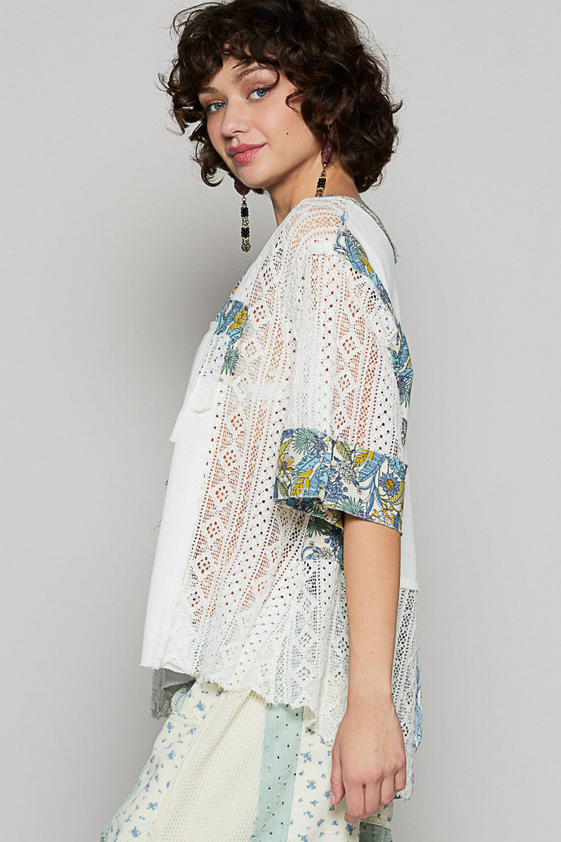 V-neck short sleeve patch work regular fit top