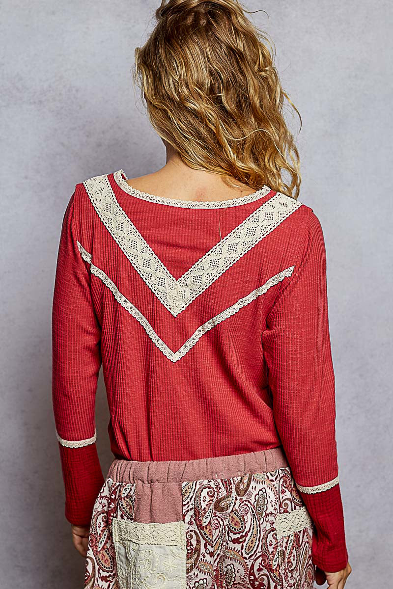 Bohemian V-Neck Ribbed Long Sleeve Top
