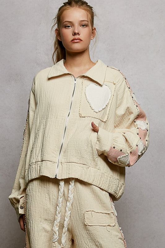 Boho Patchwork Heart Jacket – Textured Cotton Zip-Up