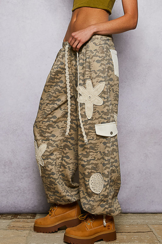 Boho Lace Appliqué Camo Cargo Pants