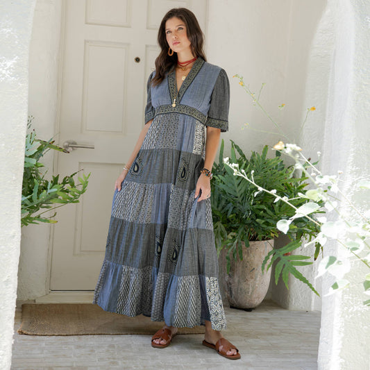 Eclectic Charm: Stone-Washed Rayon V-Neck Long Dress New