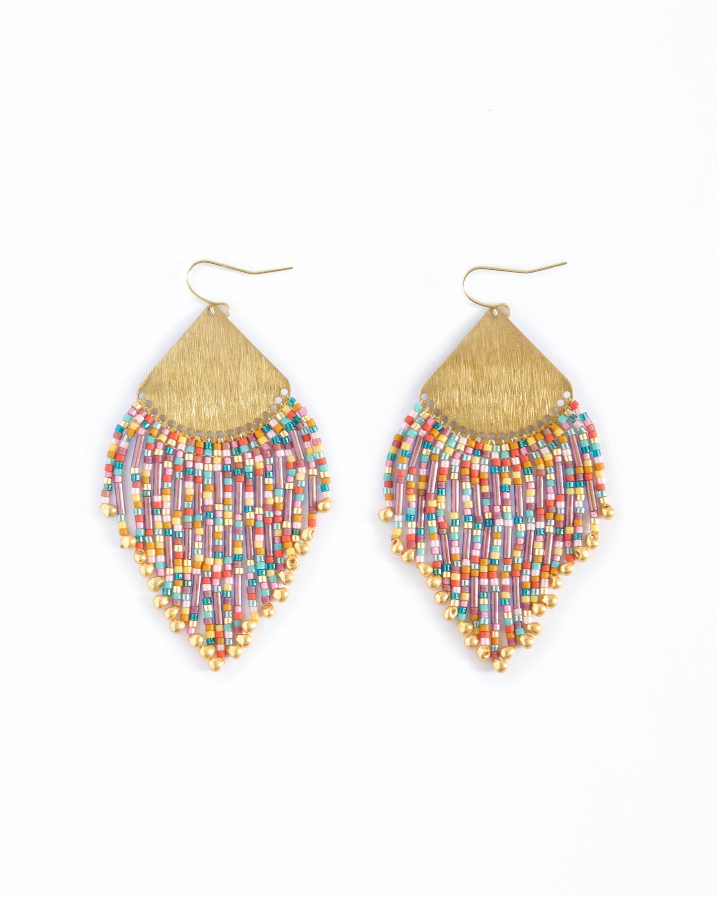 Beaded Handwoven Confetti Fringe Earrings (Purple/Rust)