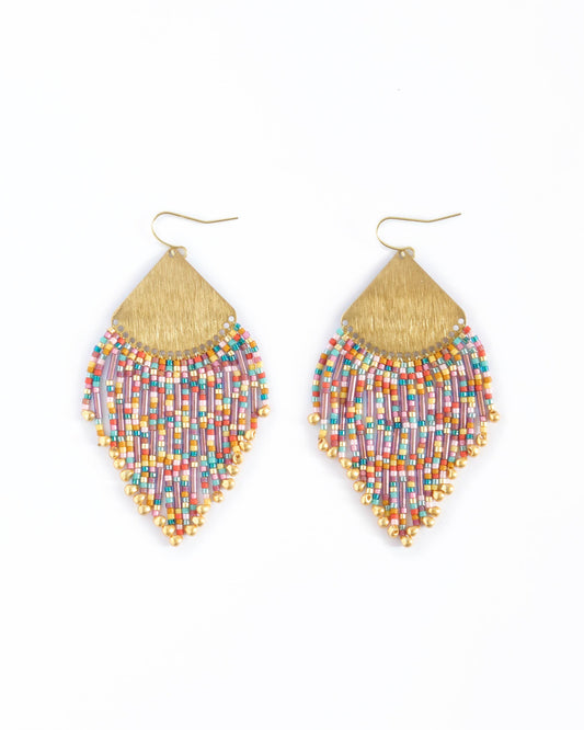 Beaded Handwoven Confetti Fringe Earrings (Purple/Rust)