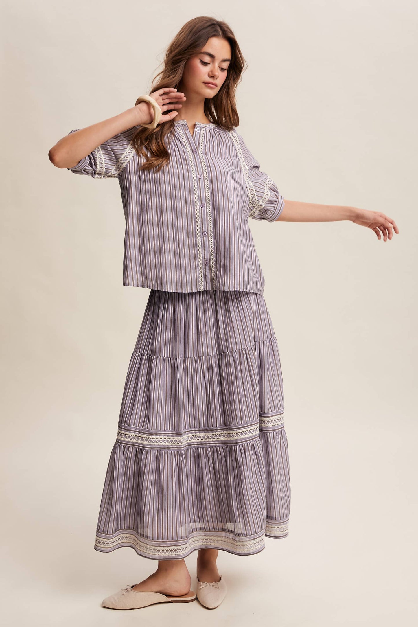 Striped Smocked Maxi Skirt with Embroidery Accents LSK0280