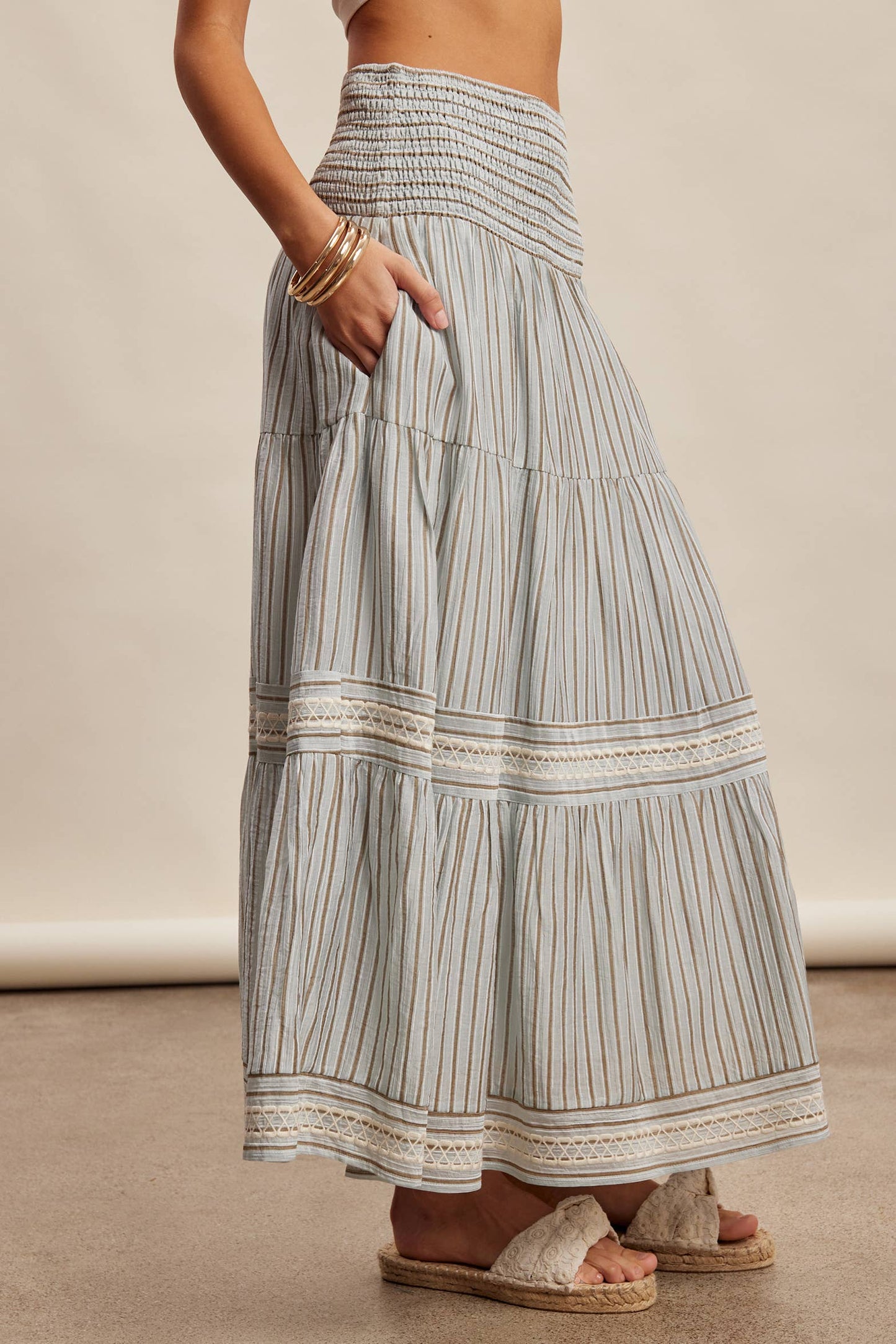 Striped Smocked Maxi Skirt with Embroidery Accents LSK0280