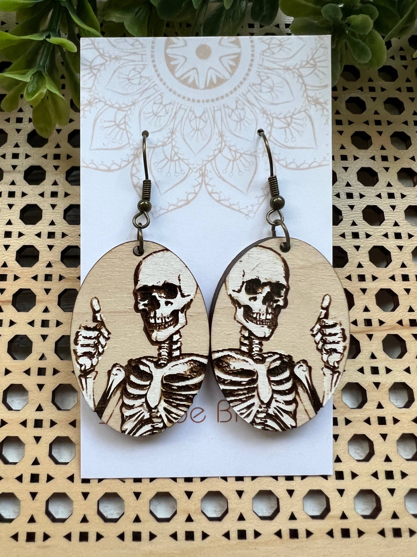 Skeleton hand painted lightweight wood earrings