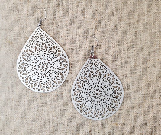 Stainless Steel Filigree Teardrop Earrings