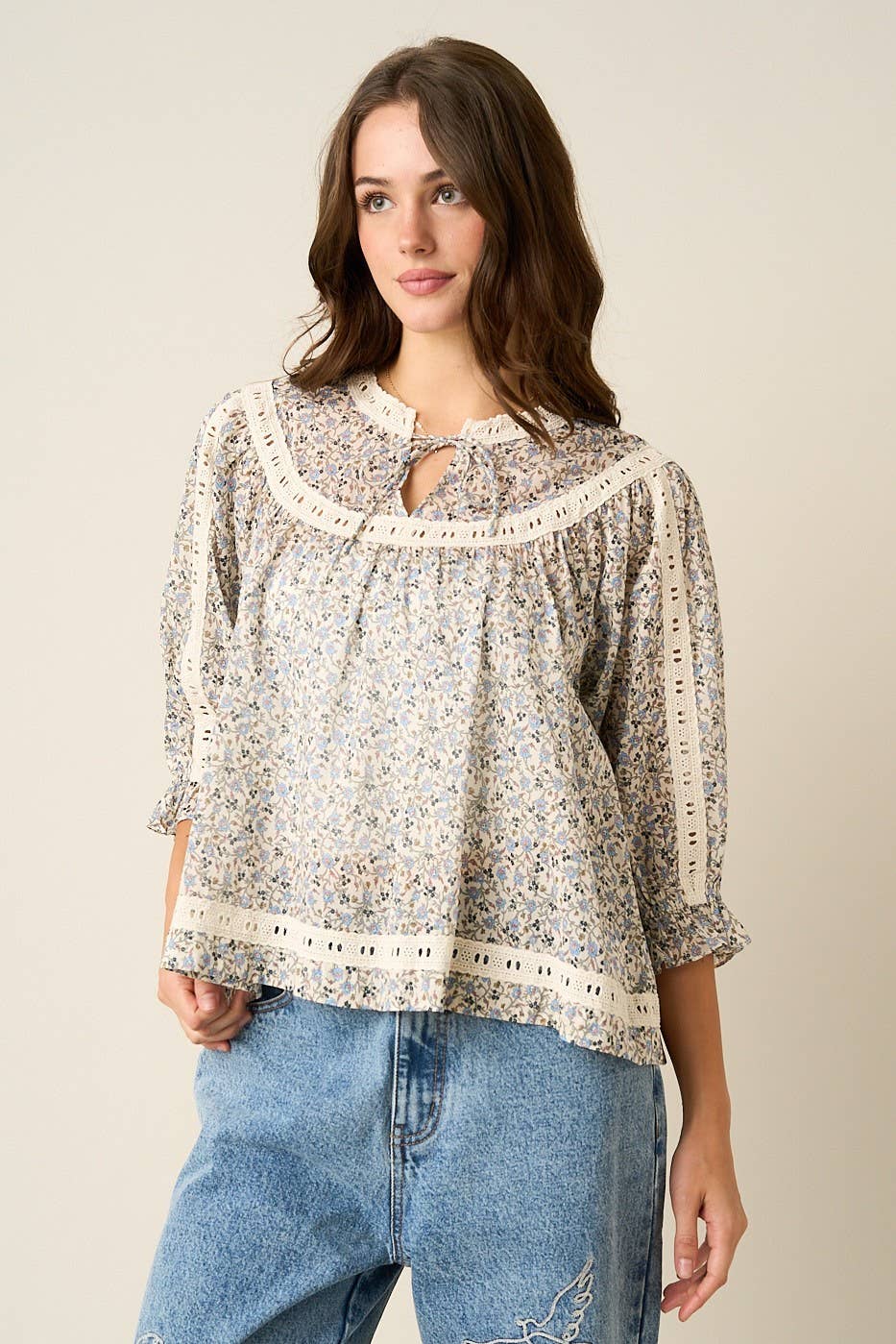 Floral Crochet Trim Boho Blouse