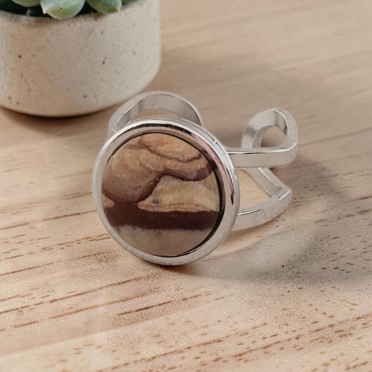 Landscape Jasper & Stainless Adjustable Ring Cuff