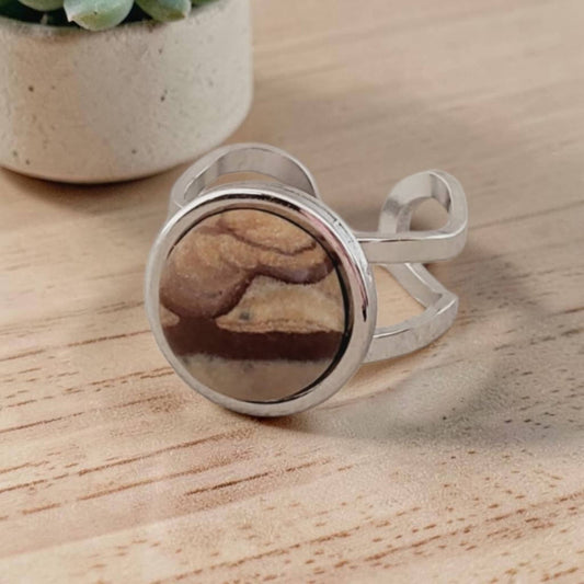 Landscape Jasper & Stainless Adjustable Ring Cuff