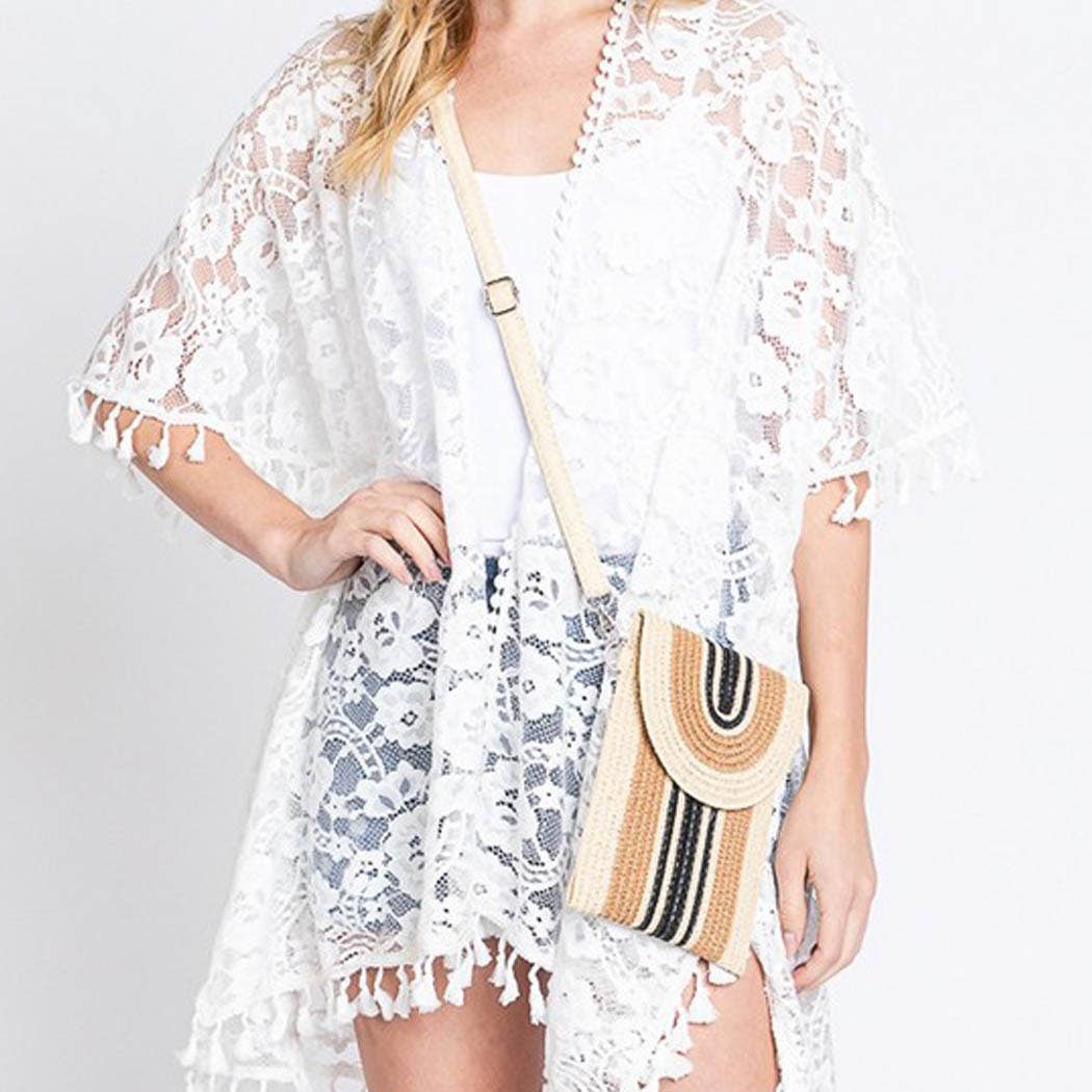 STRIPED PATTERN STRAW CELLPHONE CROSSBODY BAG