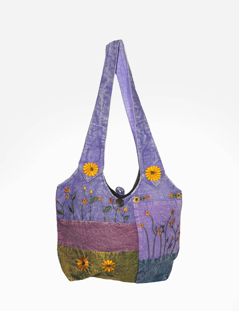 Wildflower Patchwork Cotton Hobo Handbag Purple Color