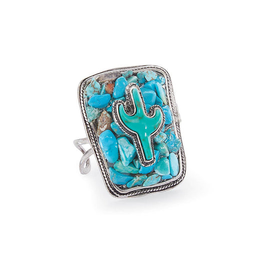 Chunky Turquoise Stone Cactus Cuff Ring