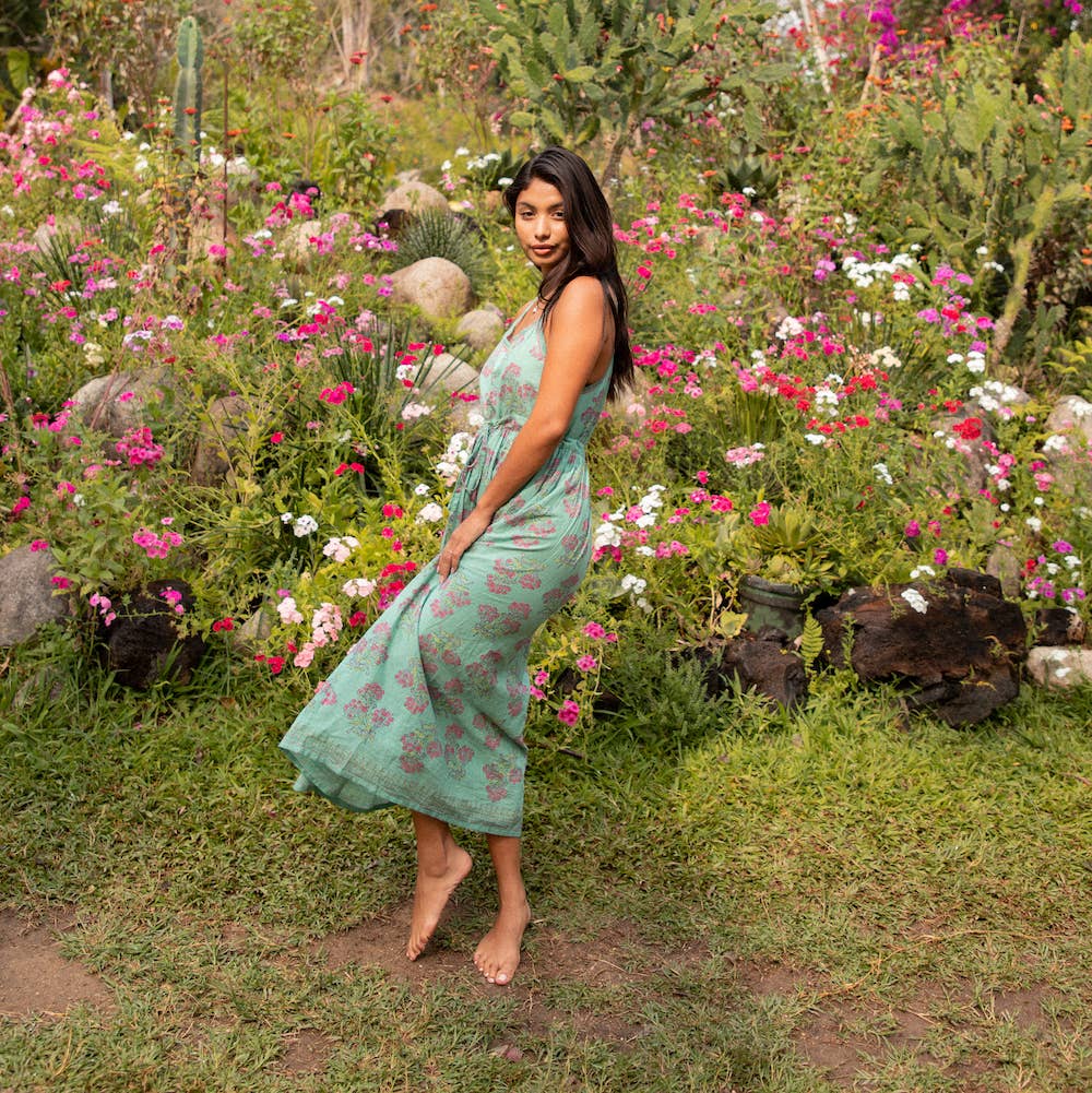 Block Printed Cotton Sundress with Hand embroidery (Amelia)