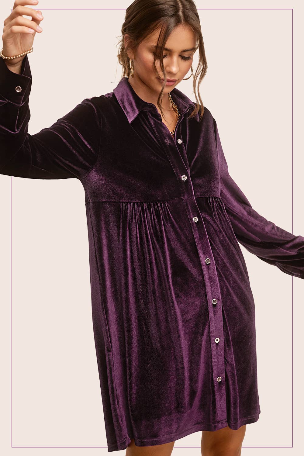 HCD9315-Soft Velvety Button Down Collar Dress