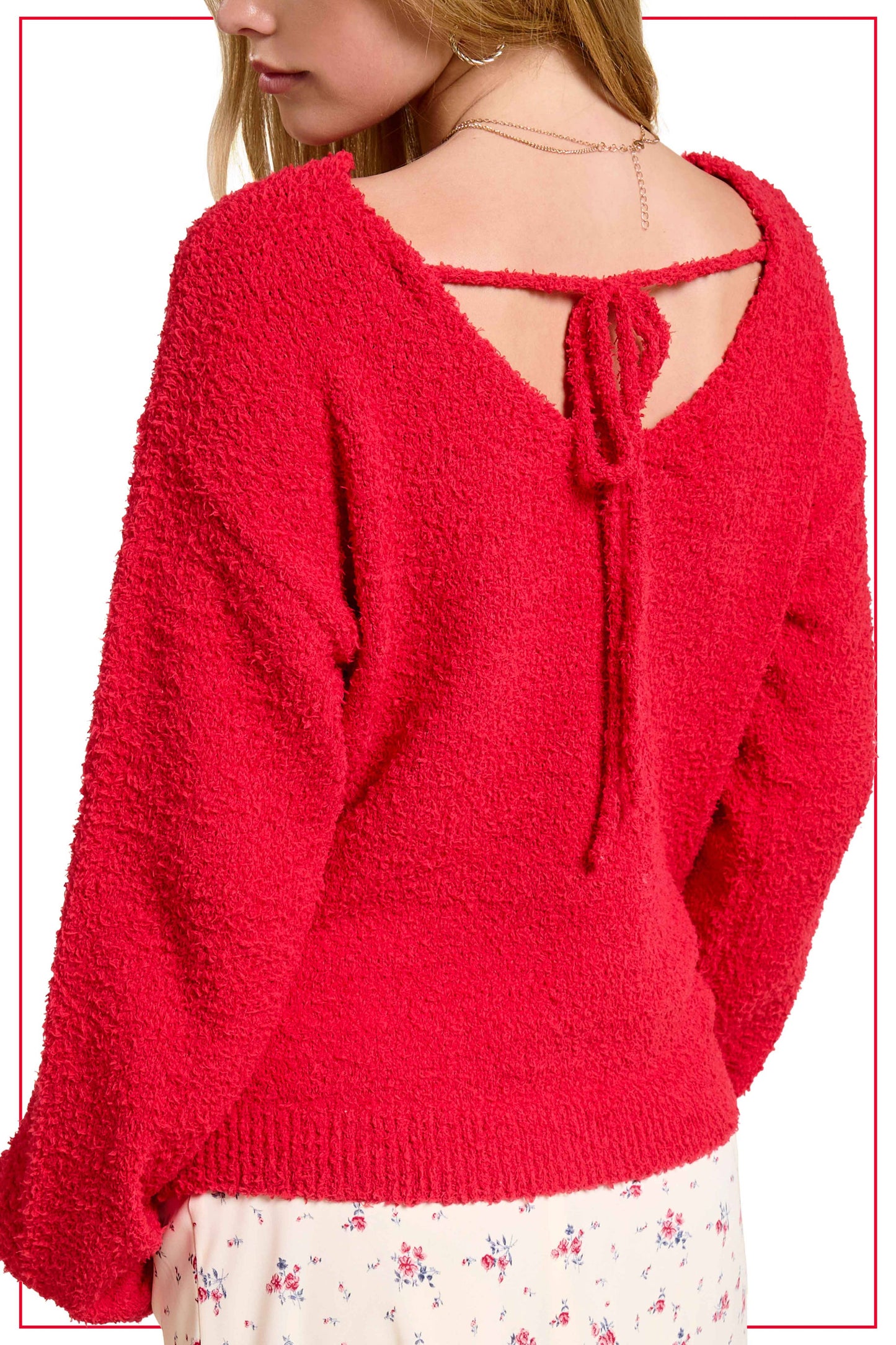 Fuzzy Reversible Drawstring V-Neck Sweater