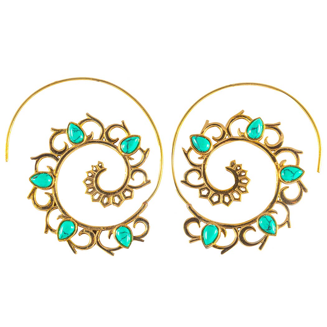 Turquoise Swirl Brass Hoops
