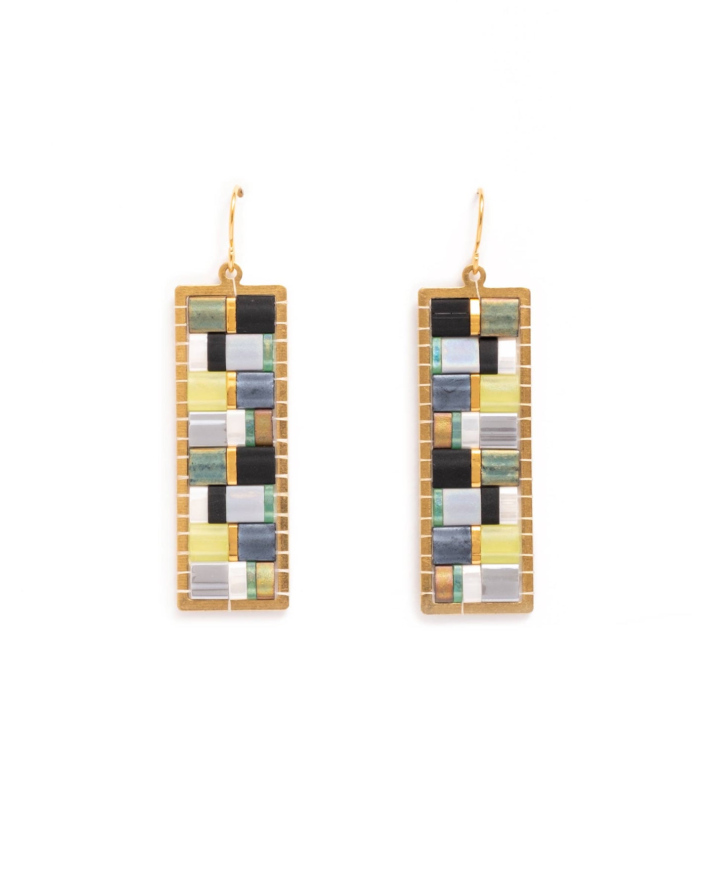 Beaded Handwoven Mosaic Tila and Brass Earrings (Aqua/Red)