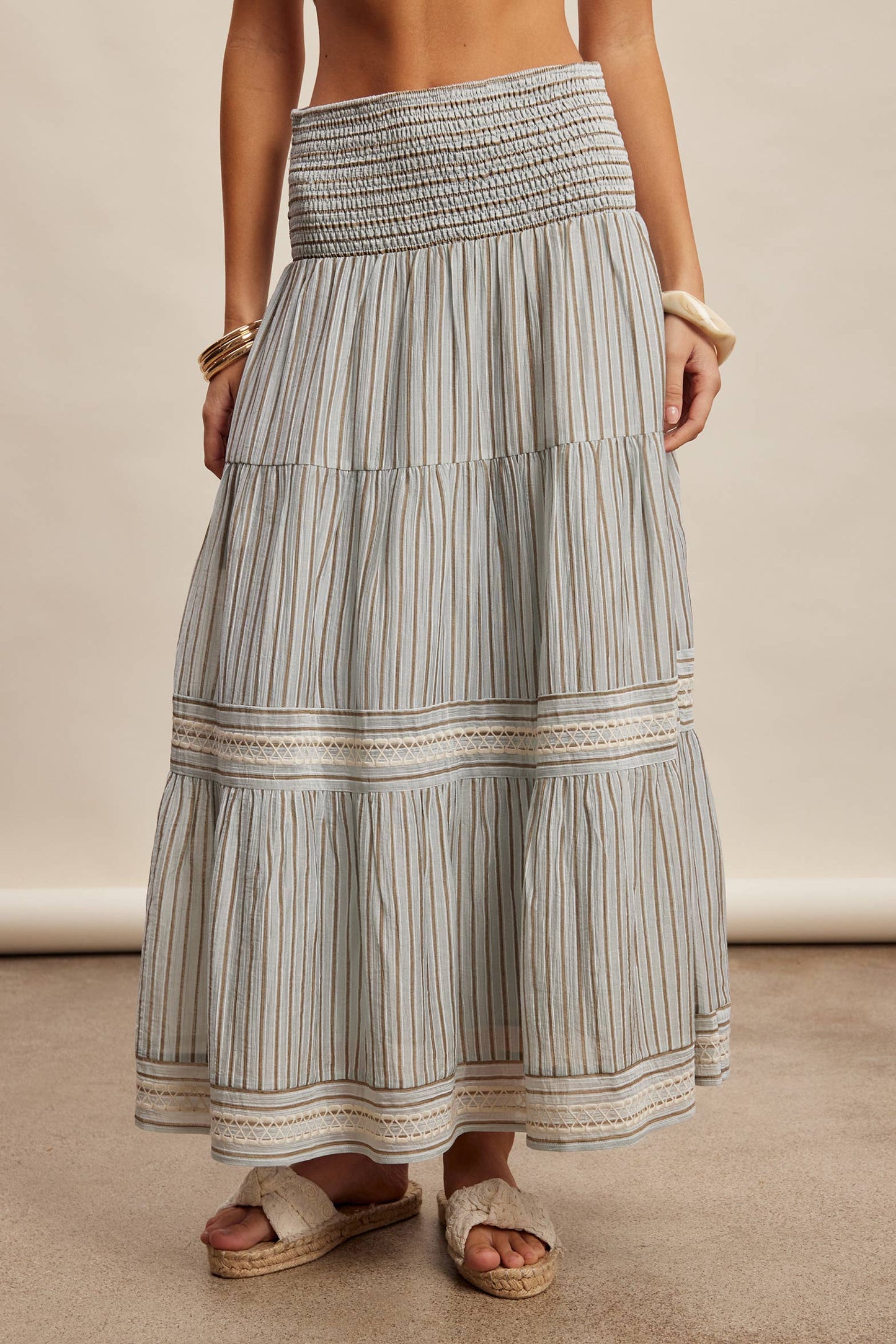 Striped Smocked Maxi Skirt with Embroidery Accents LSK0280