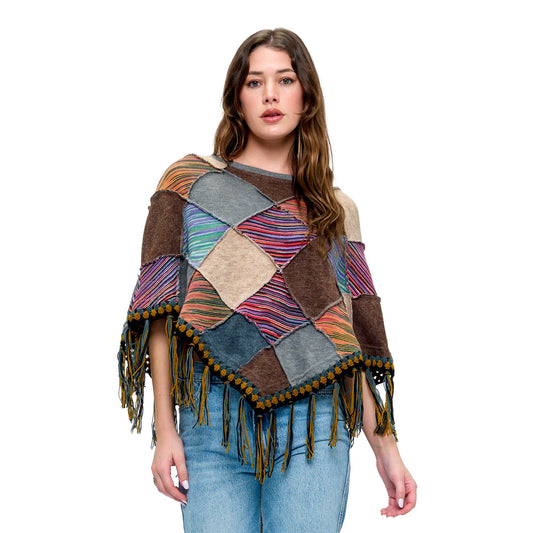 Poncho Boho Patchwork Crochet Details Fringe