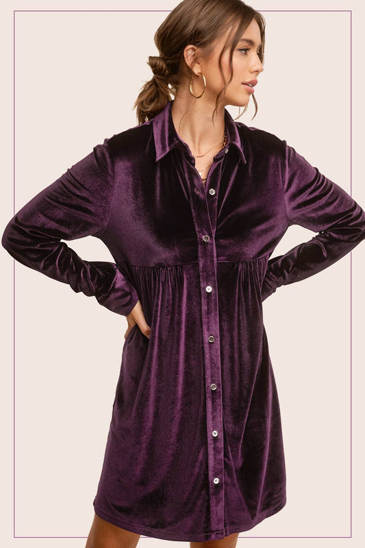 HCD9315-Soft Velvety Button Down Collar Dress