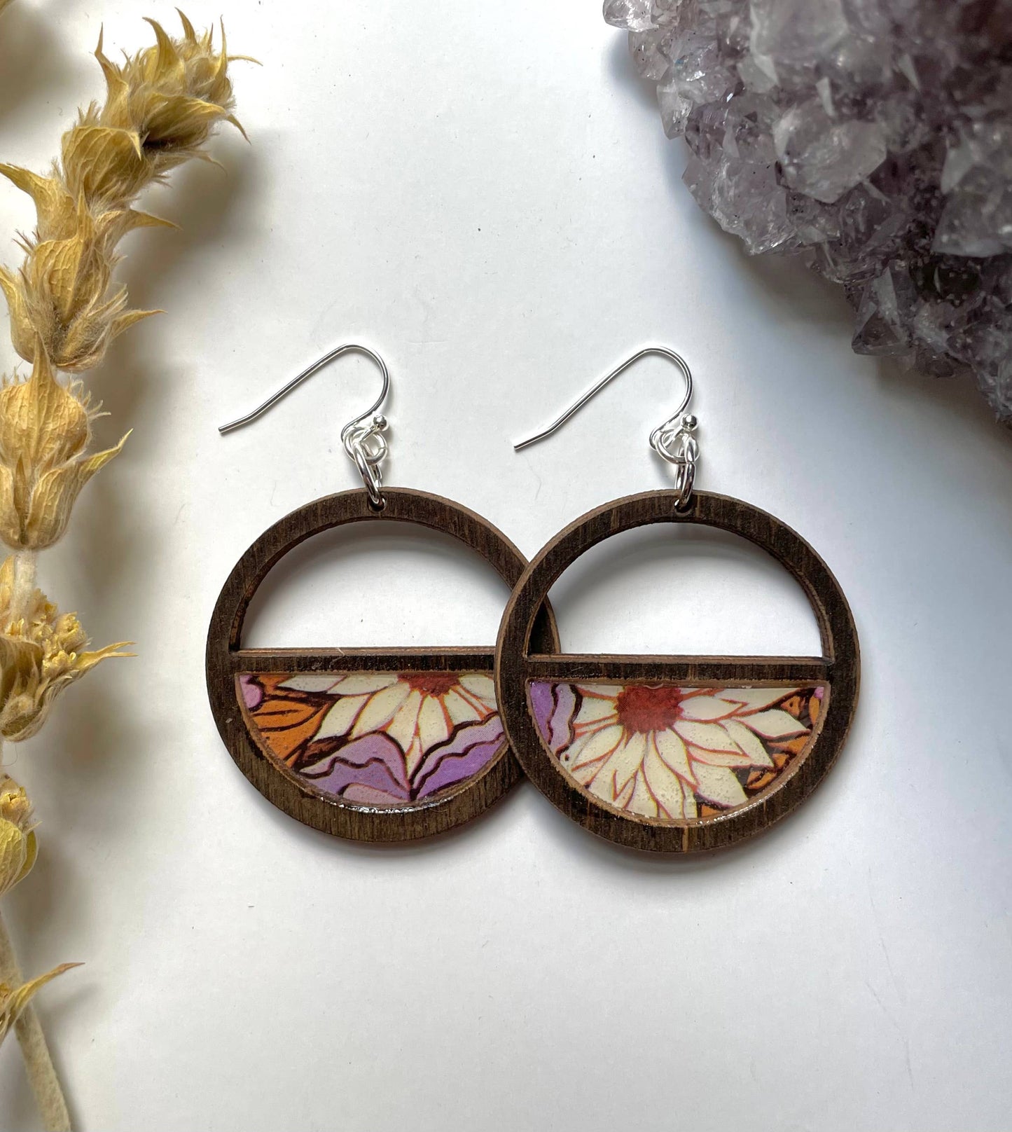 Natural Dark Wood Earrings - retro purple earthy mod flower
