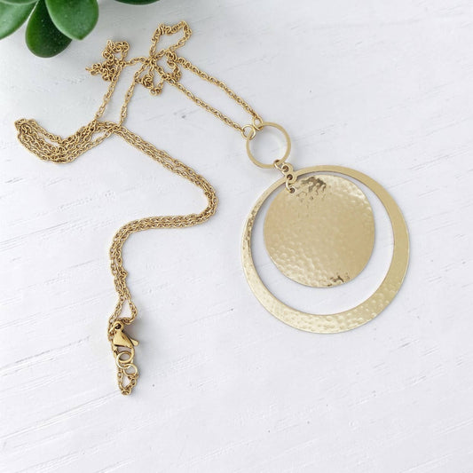 Large Hammered Circle Gogo & Stainless Steel Necklace