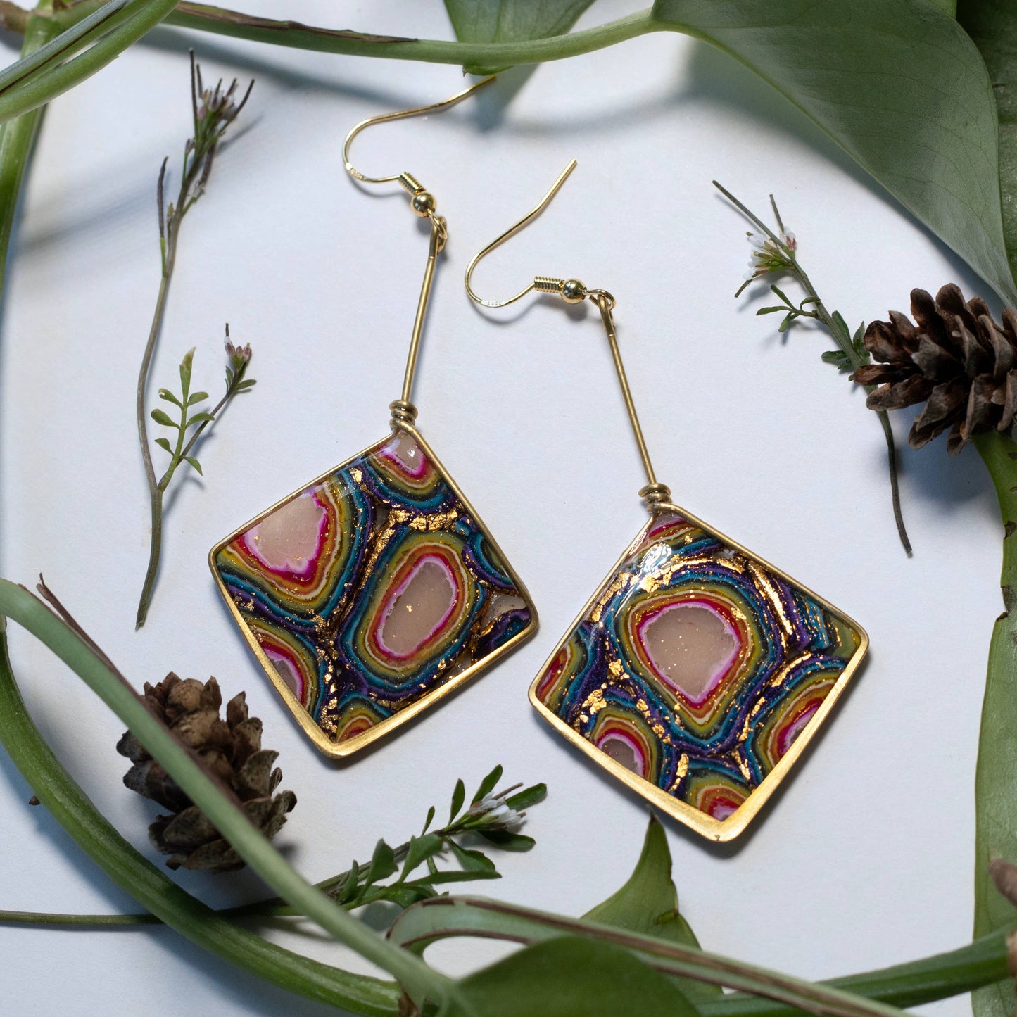 Diamond Dangle | Gold Frame Statement Earrings | Handmade