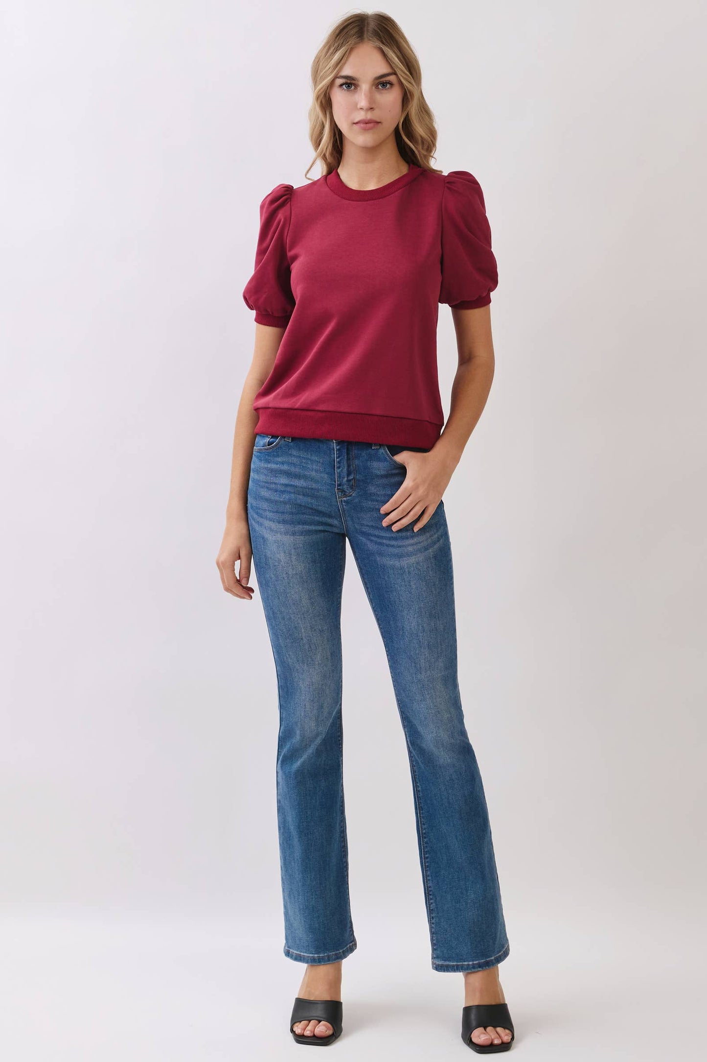 CT8936-Crew Neck Short Puff Sleeves Knit Top