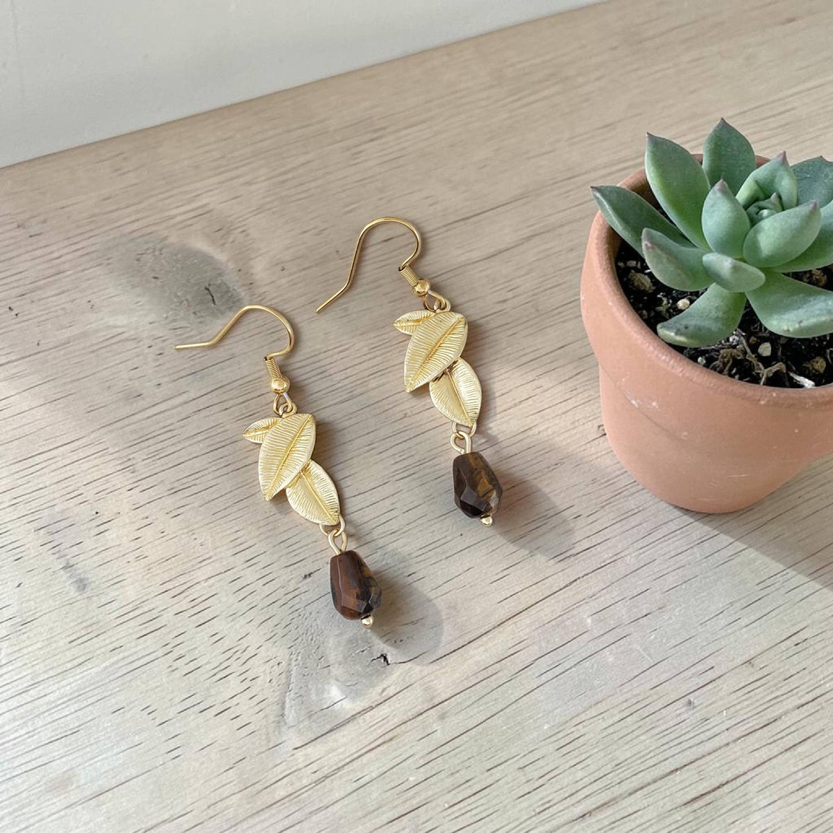 Brass Leaf and Tigers Eye Earrings