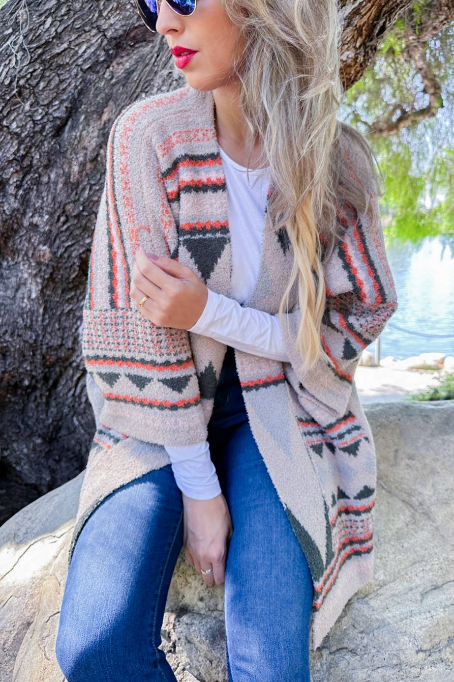 Olive Aztec Soft Knit Open Front Cardigan With Pocket