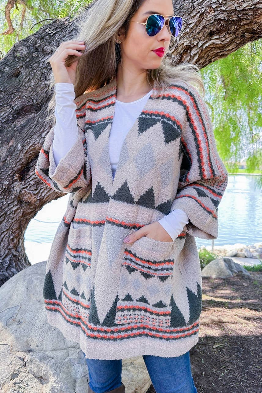 Olive Aztec Soft Knit Open Front Cardigan With Pocket