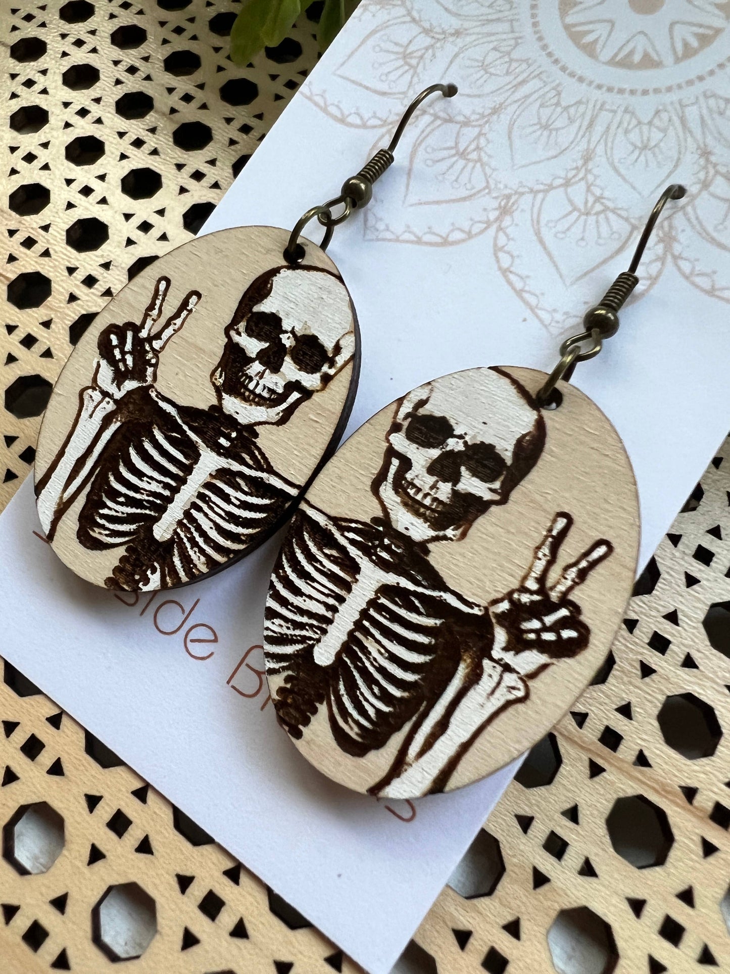 Skeleton hand painted lightweight wood earrings