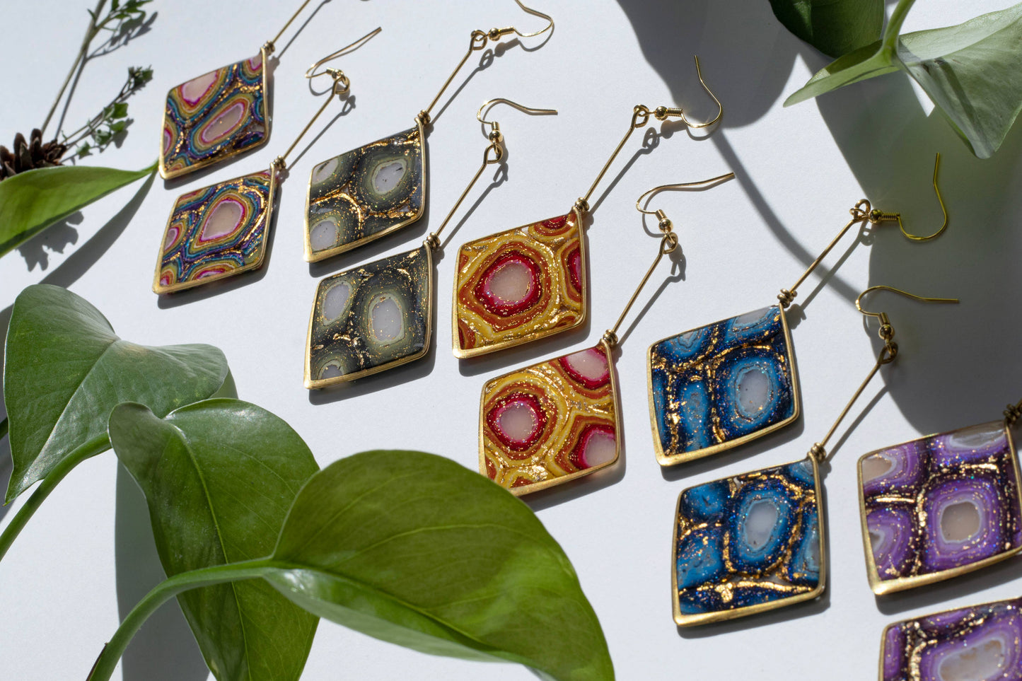Diamond Dangle | Gold Frame Statement Earrings | Handmade