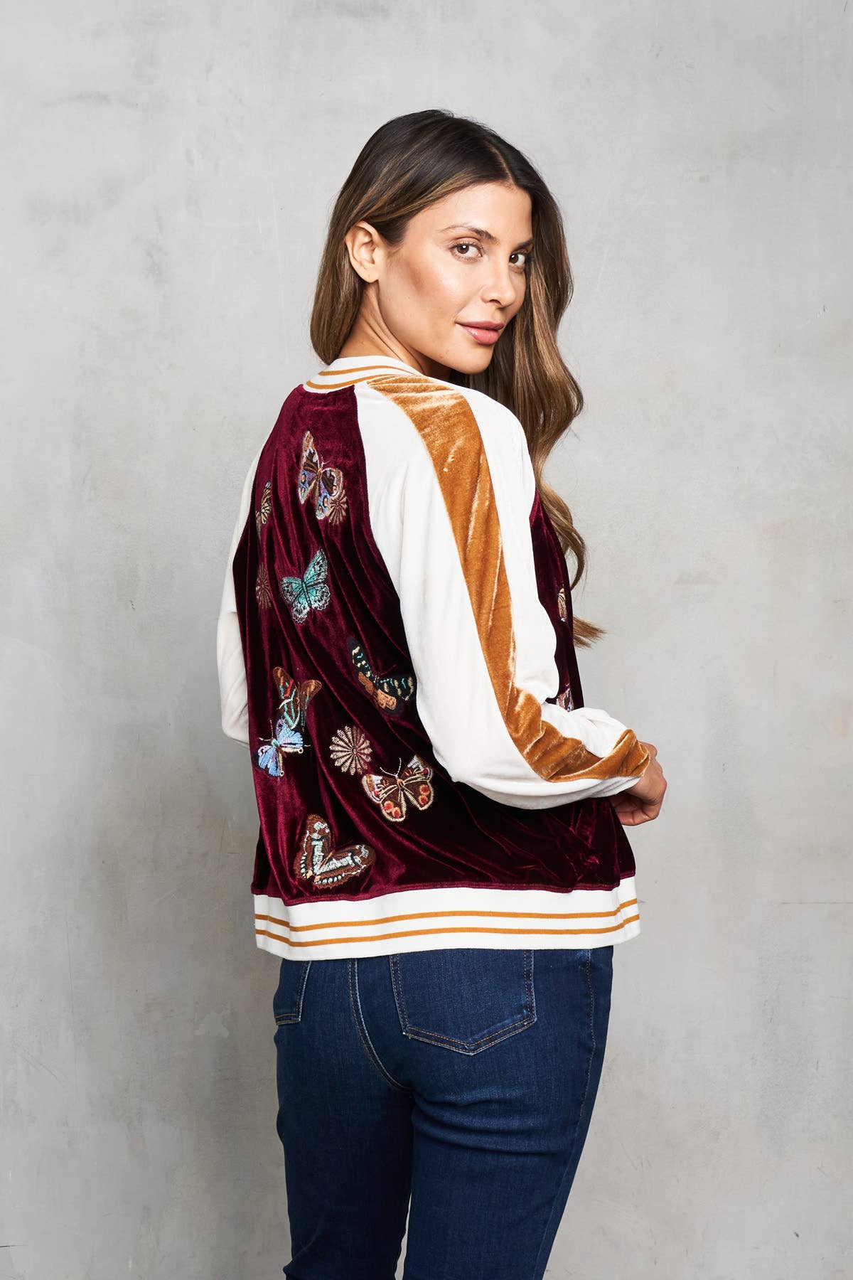 Velvet Embroidered  Baseball Jacket with Butterflies