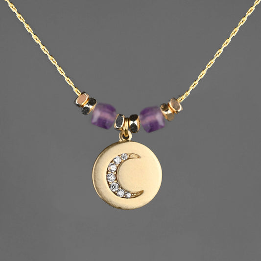 Pave Moon w/ Semi Precious Stones Necklace